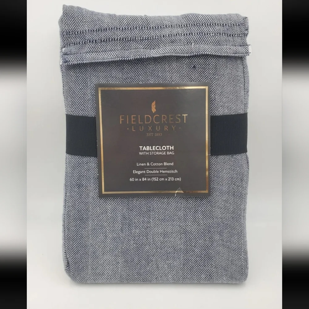Fieldcrest Luxury Cotton Linen Harringbone Tablecloth 60 x 84 Navy Blue